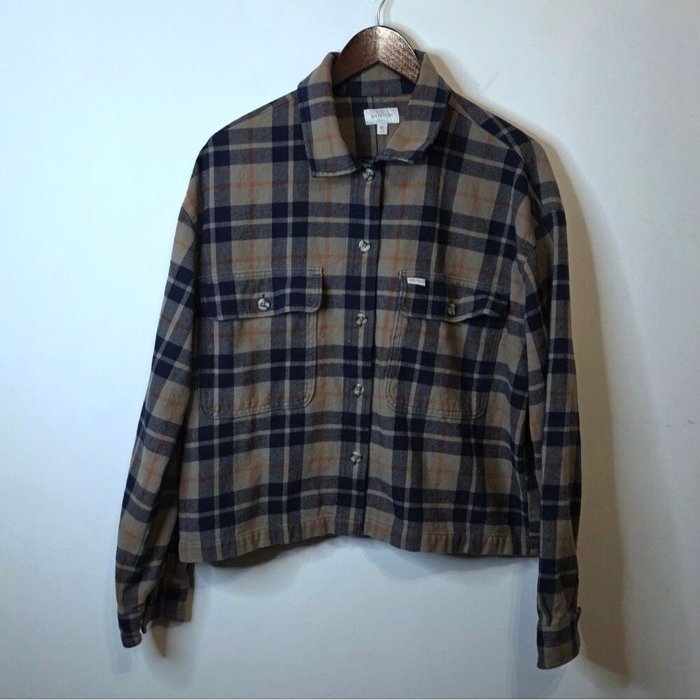 Brixton Tan And Blue Bowery Flannel Plaid Button Up Cropped Shirt Earthy Size XL
